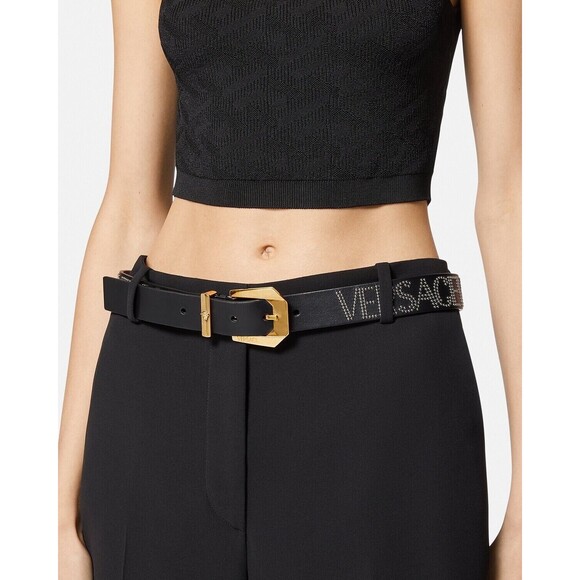 Versace Logo Studded Allover Leather Belt Black Gold $975 Large 90 cm New w/tag - Picture 2 of 10